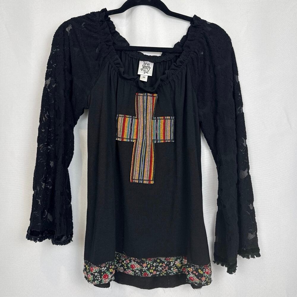 Boho Western Serape Cross Ivy Jane Womens Lace Sleeve Peasant Top Size M Black
